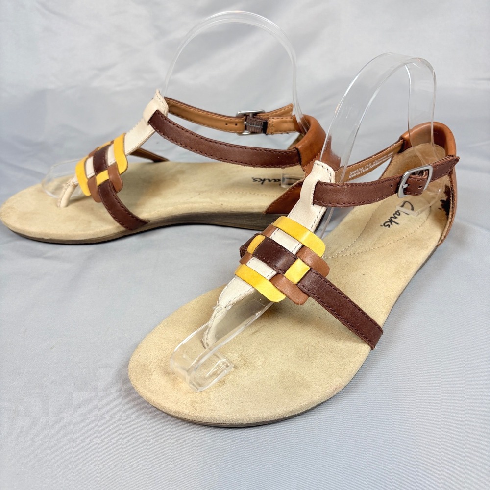 Clarks Womens Qwin Adonia 7.5 Brown Yellow Leather T Strap Gladiator Sandals